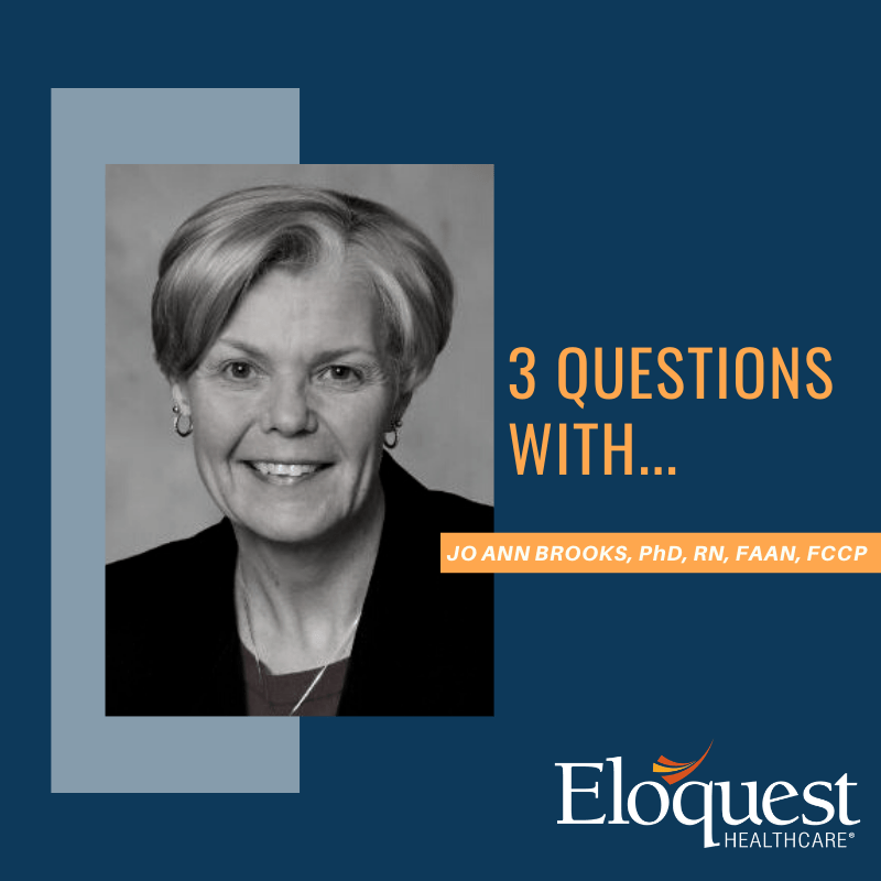 Headshot of Jo Ann Brooks with text: 3 Questions with Jo Ann Brooks, PhD, RN, FAAN, FCCP