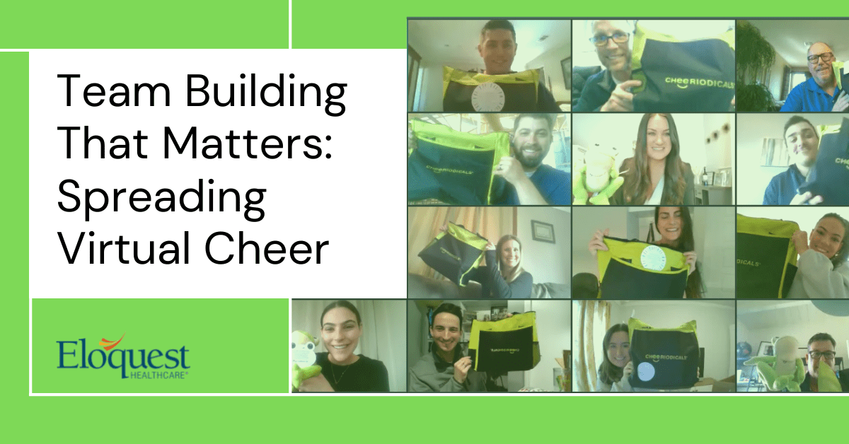 Zoom team screen shot with text: Team Building That Matters - Spreading Virtual Cheer